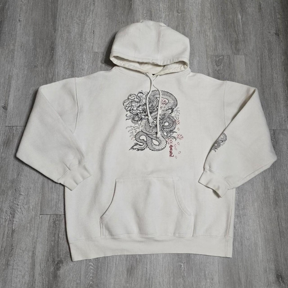Vintage Y2K Top Heavy Dragon White Hoodie Skater Sleeve Hit Size Large